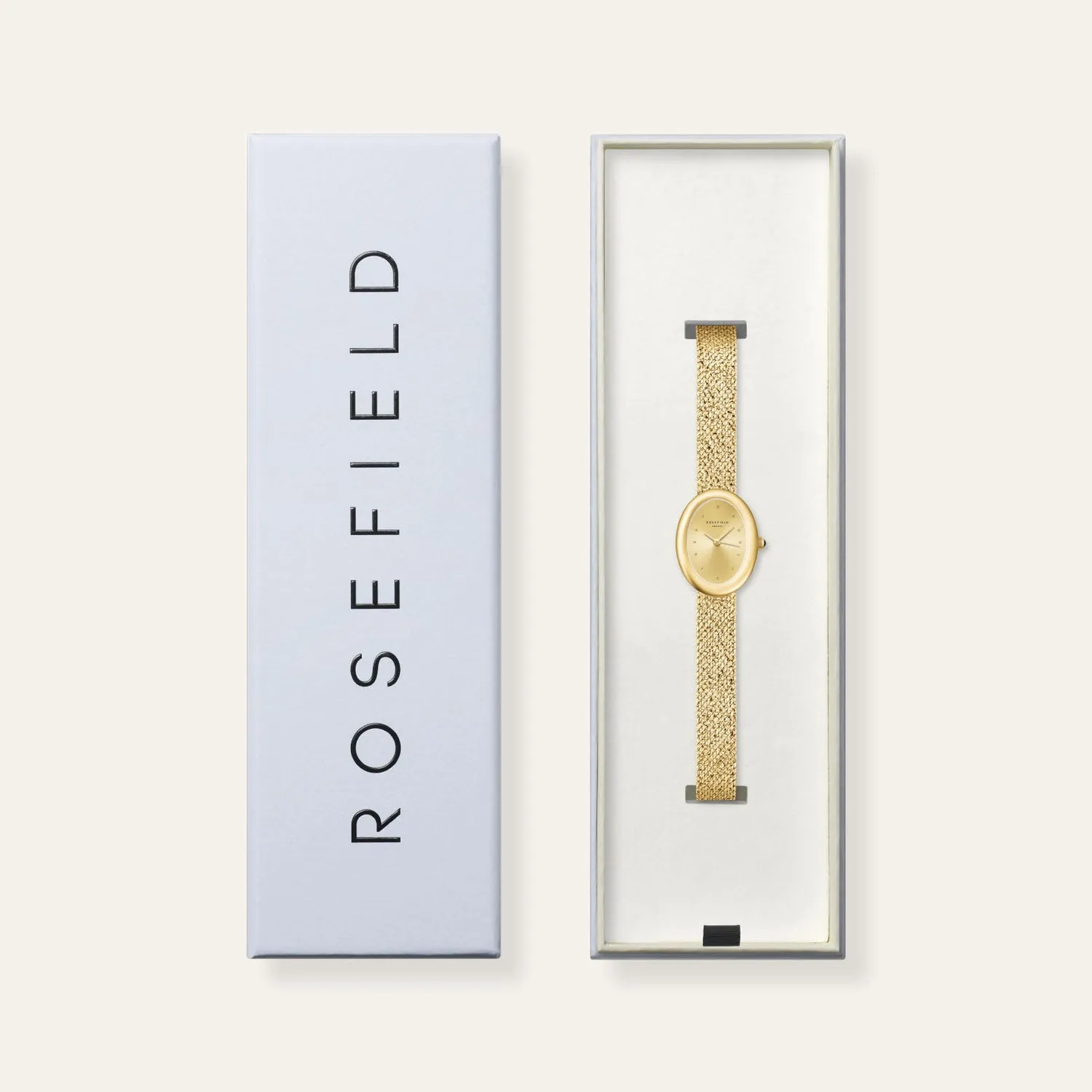 Rosefield Ovale Ovale Gold Mesh klokke gull champagne