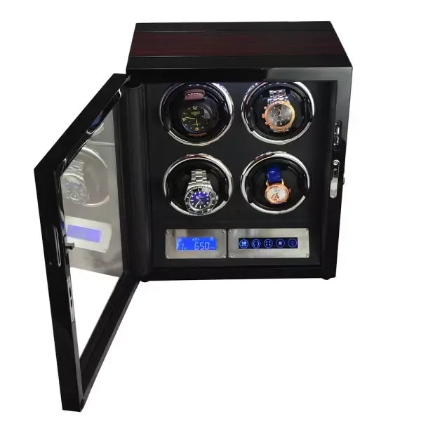 Perfekt Ur Winder For 4 klokker Glossy sort Karbon Lys Fjernkontroll opptrekker